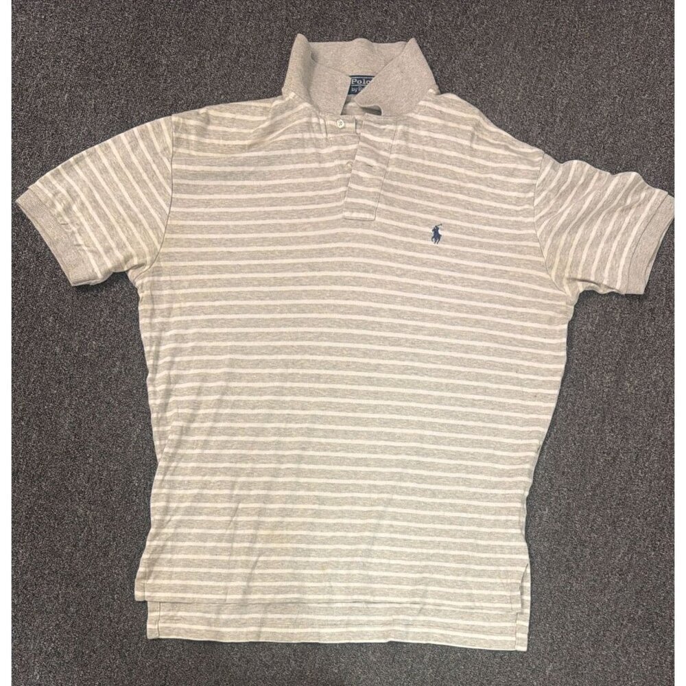 Polo Ralph Lauren Striped Polo Shirt Mens M Grey White Blue Pony Logo Cotton